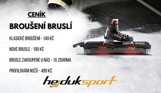 Ceník broušení bruslí Hejduksport Hradec Králové – klasické broušení 149 Kč, nové brusle 199 Kč, profilování nožů 499 Kč