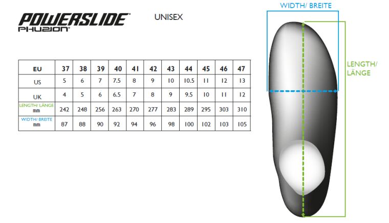Velikostní tabulka seniorských bruslí Powerslide Phuzion Unisex