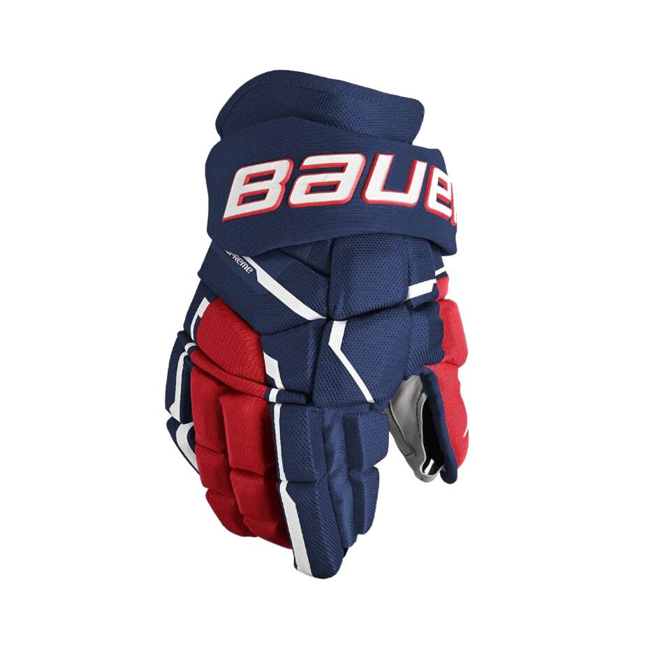 Bauer Hokejové rukavice Bauer Supreme Mach S23 INT, Intermediate, tmavě modrá-červená-bílá, 12"
