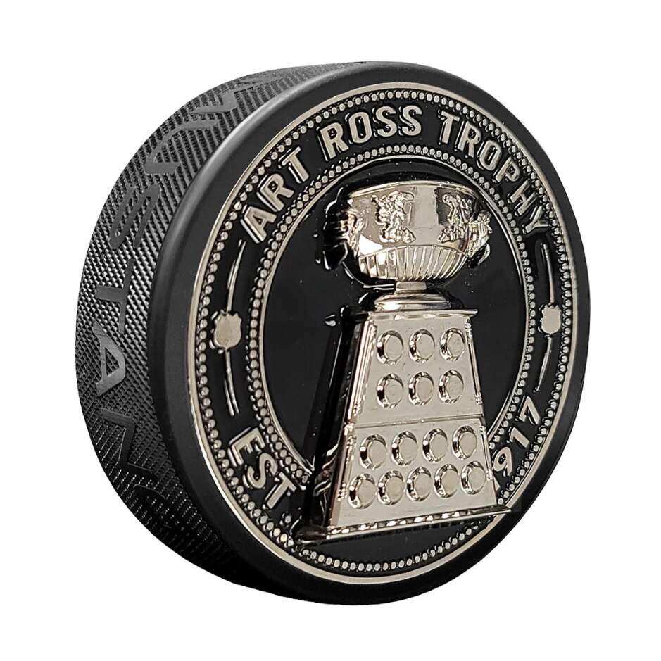 Fanouškovský puk Mustang NHL 3D Silver Medallion Art Ross Trophy
